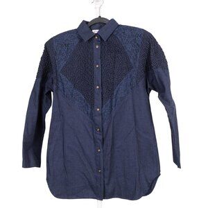 VTG Denim Western Shirt 6 Womens 90s Blue Button Up Lace Textured Cotton Country